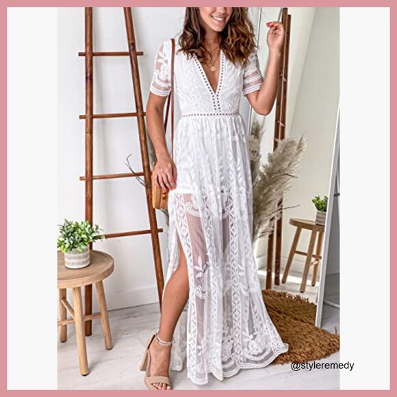 Lace Romper Dress with V-Neck and Sheer Back - Picture 4 of 7
